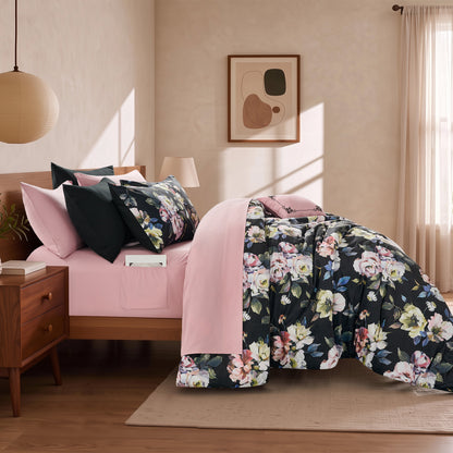 Black Floral Velvet Bed-in-a-Bag, 10-Piece Reversible Bedding Set, Comforter with Sheet Set