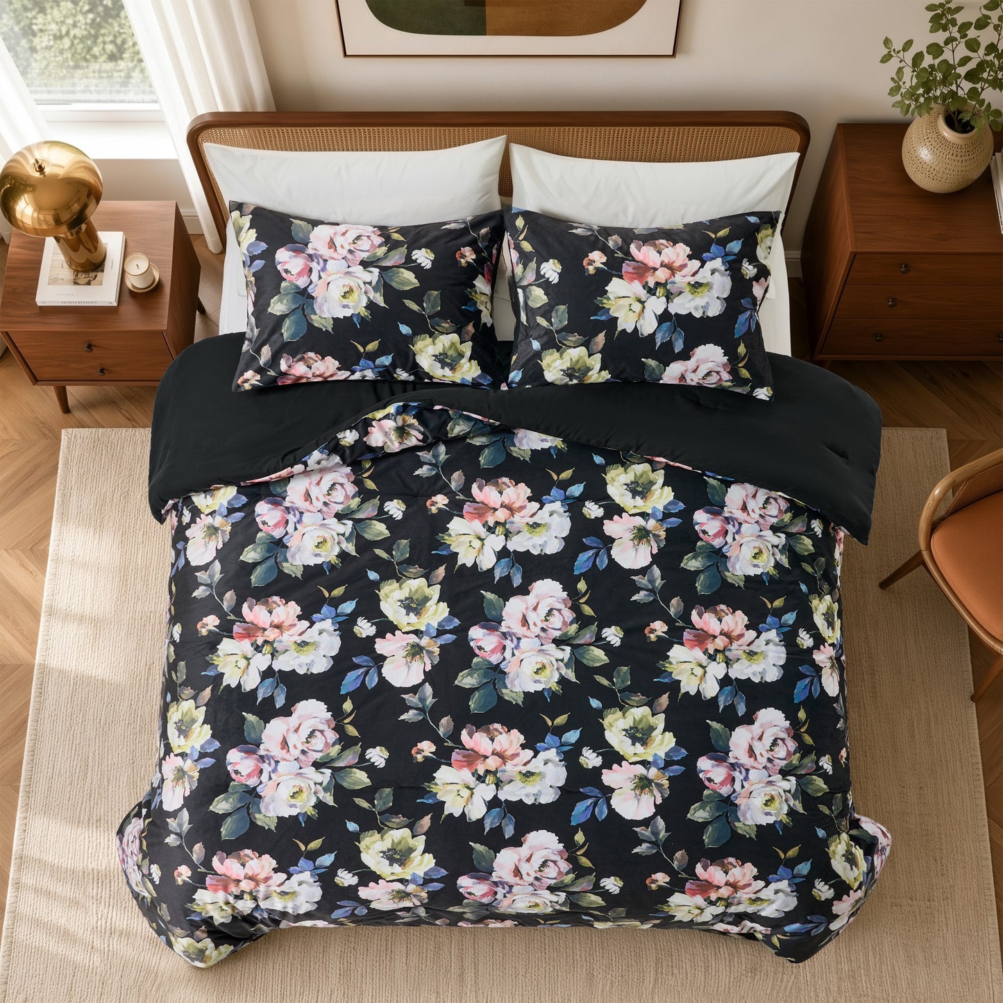 Floral Print Velvet Comforter Set, Black Reversible Bedding Set, Comforter with Sham