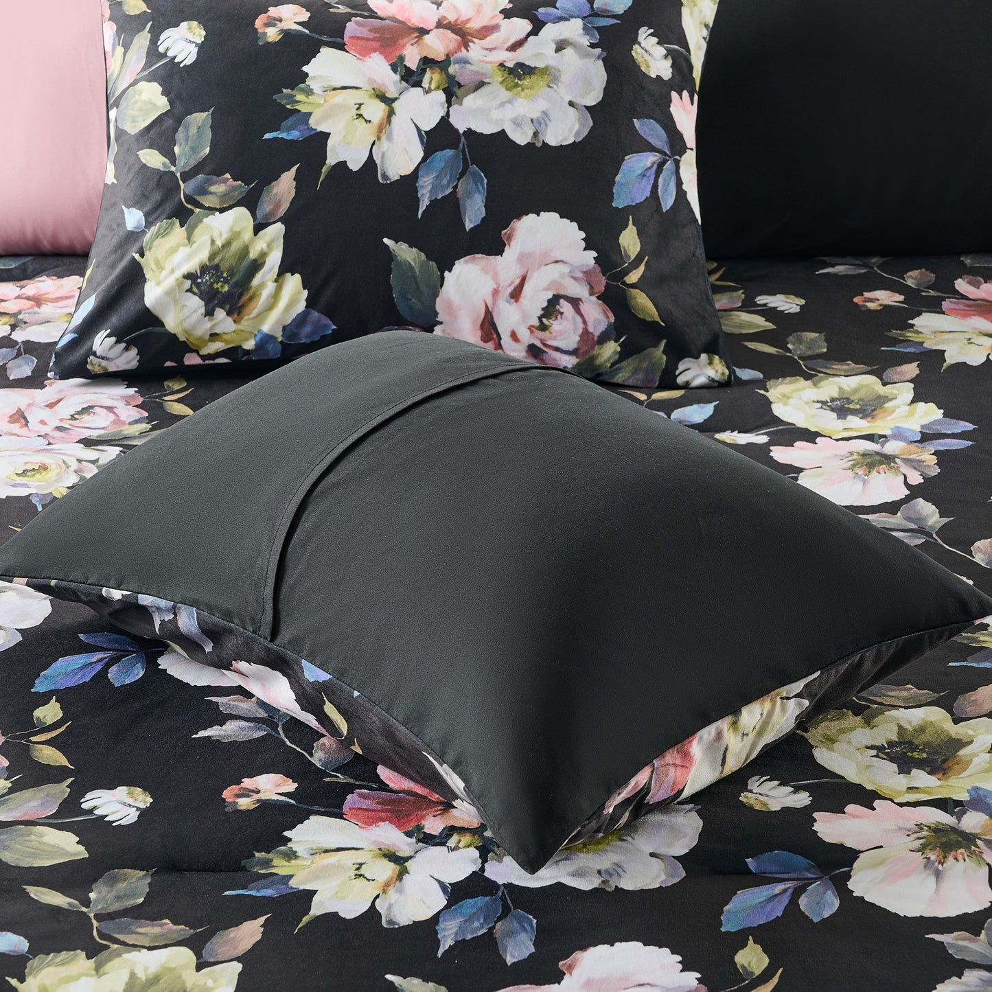Black Floral Velvet Bed-in-a-Bag, 10-Piece Reversible Bedding Set, Comforter with Sheet Set