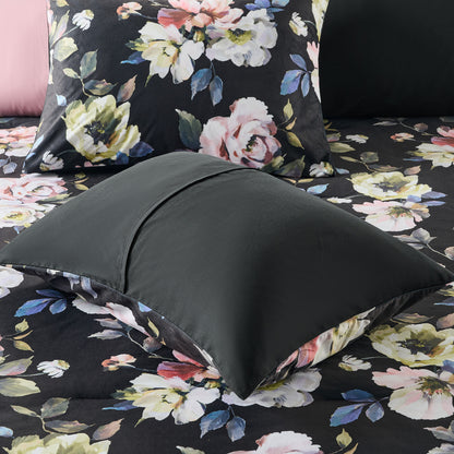 Black Floral Velvet Bed-in-a-Bag, 10-Piece Reversible Bedding Set, Comforter with Sheet Set