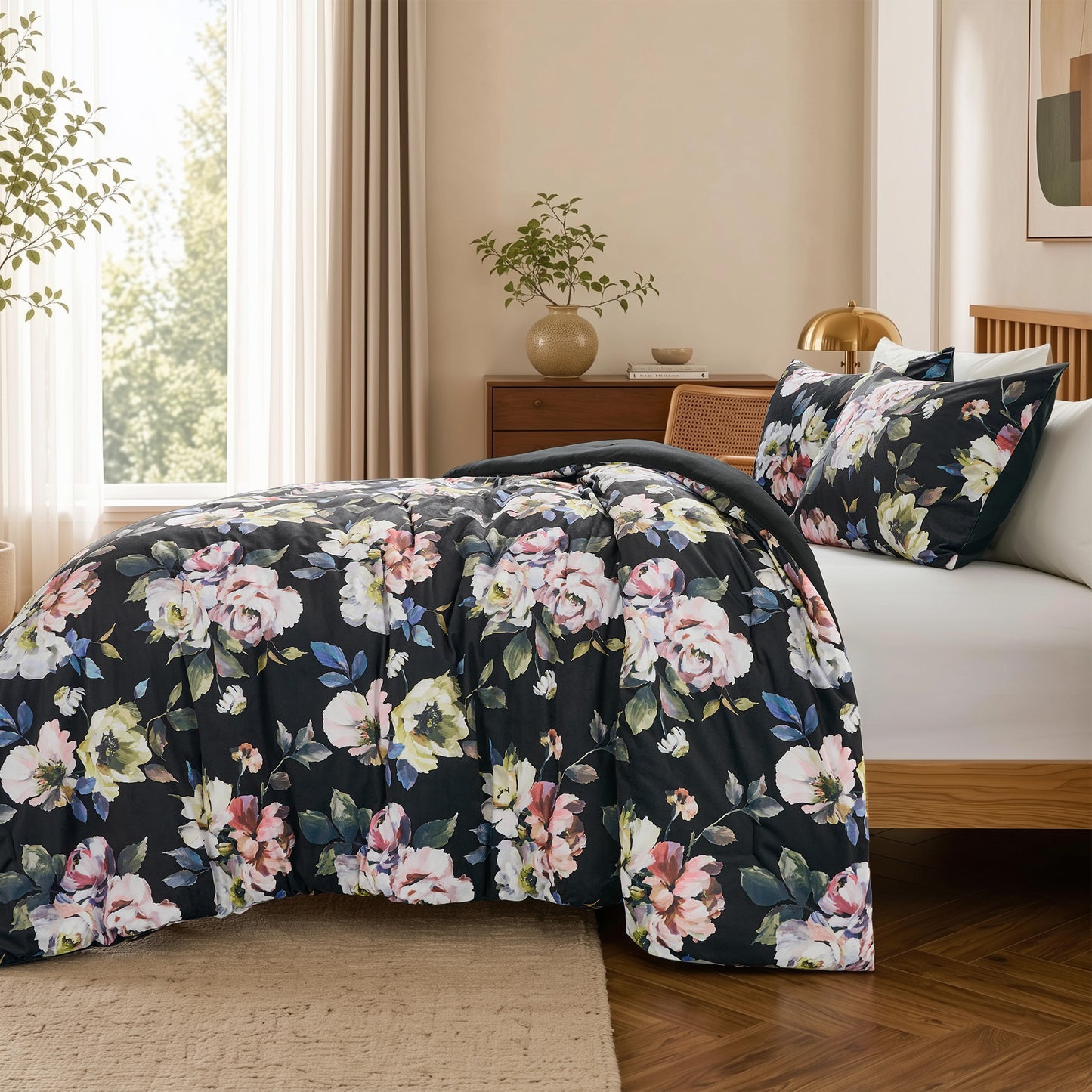 Floral Print Velvet Comforter Set, Black Reversible Bedding Set, Comforter with Sham