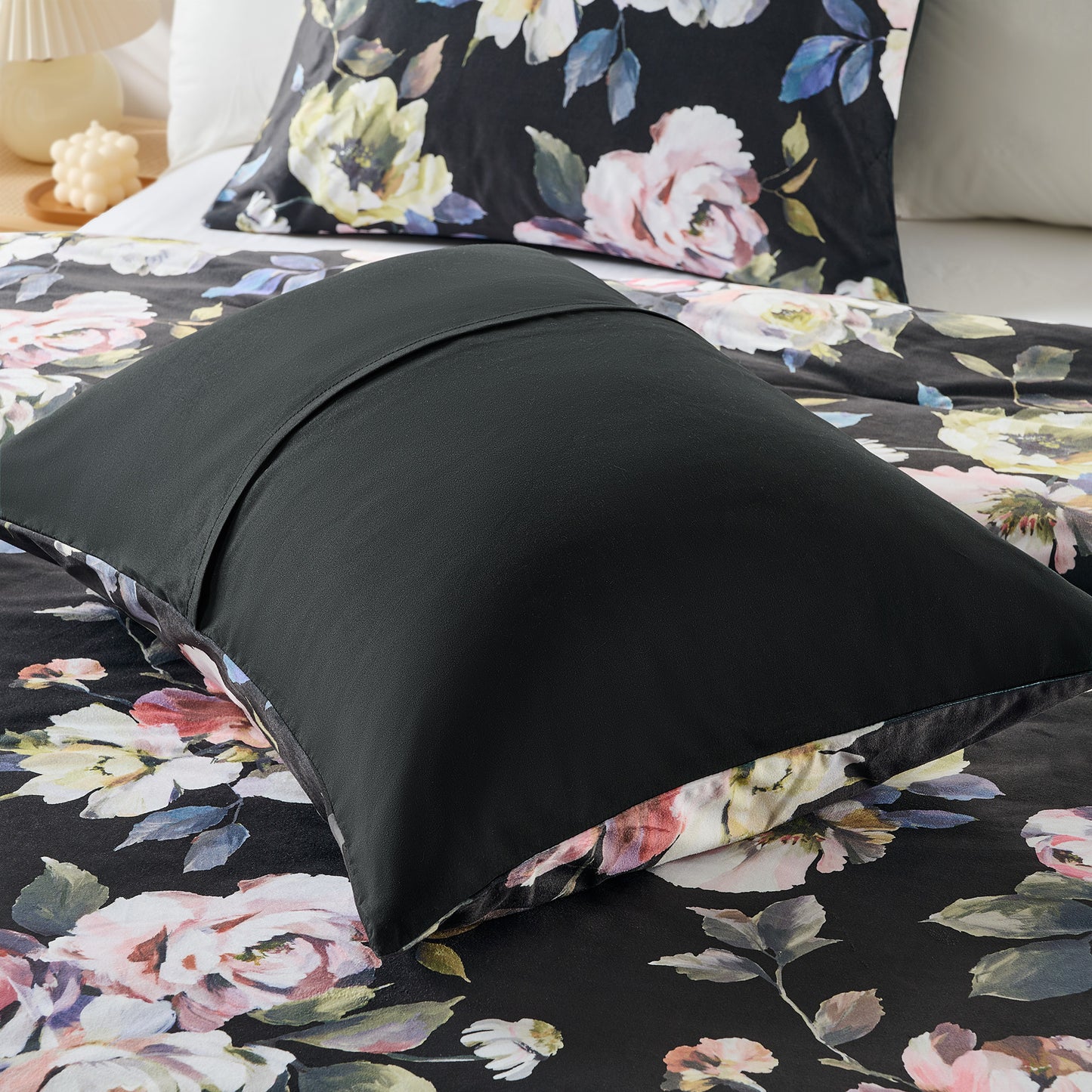 Floral Print Velvet Comforter Set, Black Reversible Bedding Set, Comforter with Sham