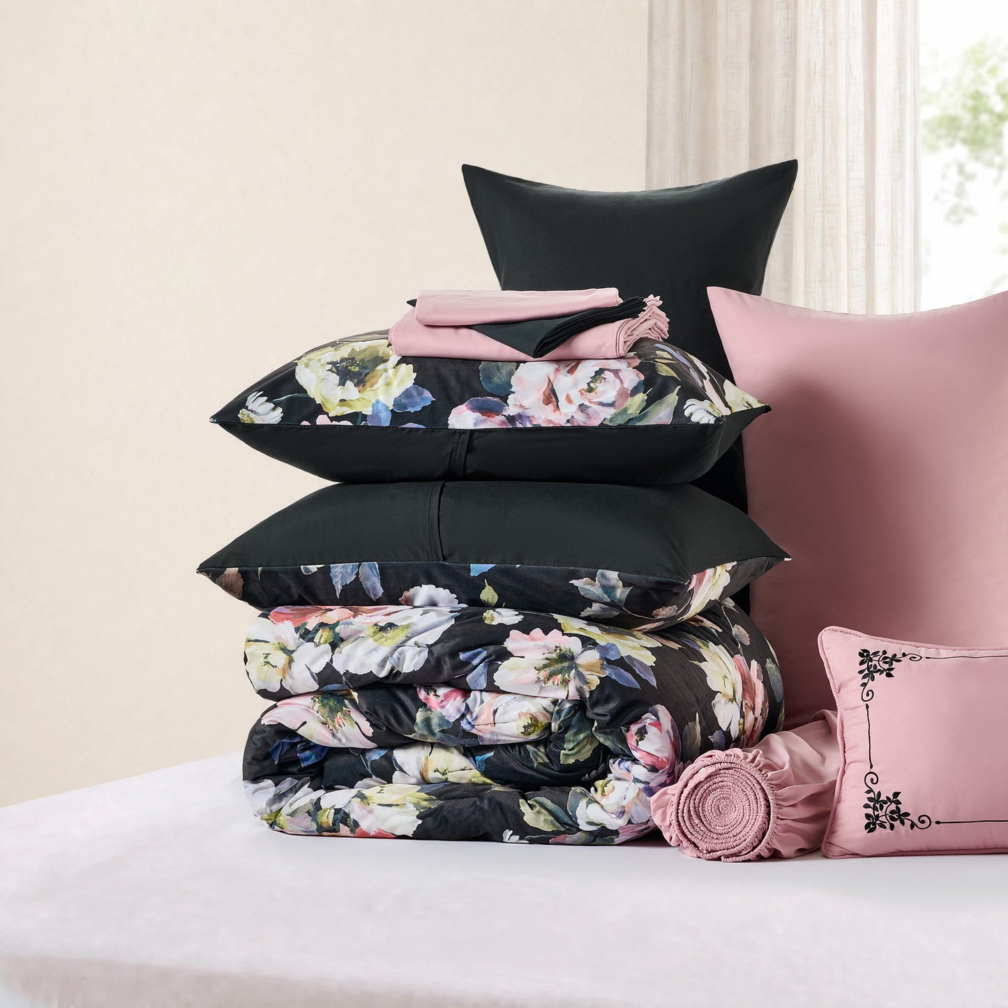 Black Floral Velvet Bed-in-a-Bag, 10-Piece Reversible Bedding Set, Comforter with Sheet Set