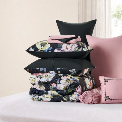 Black Floral Velvet Bed-in-a-Bag, 10-Piece Reversible Bedding Set, Comforter with Sheet Set