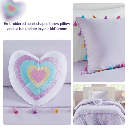 4 Piece Colorful Tassel Kid's Bedding Set, Comforter Set with Heart Shaped Throw Pillow