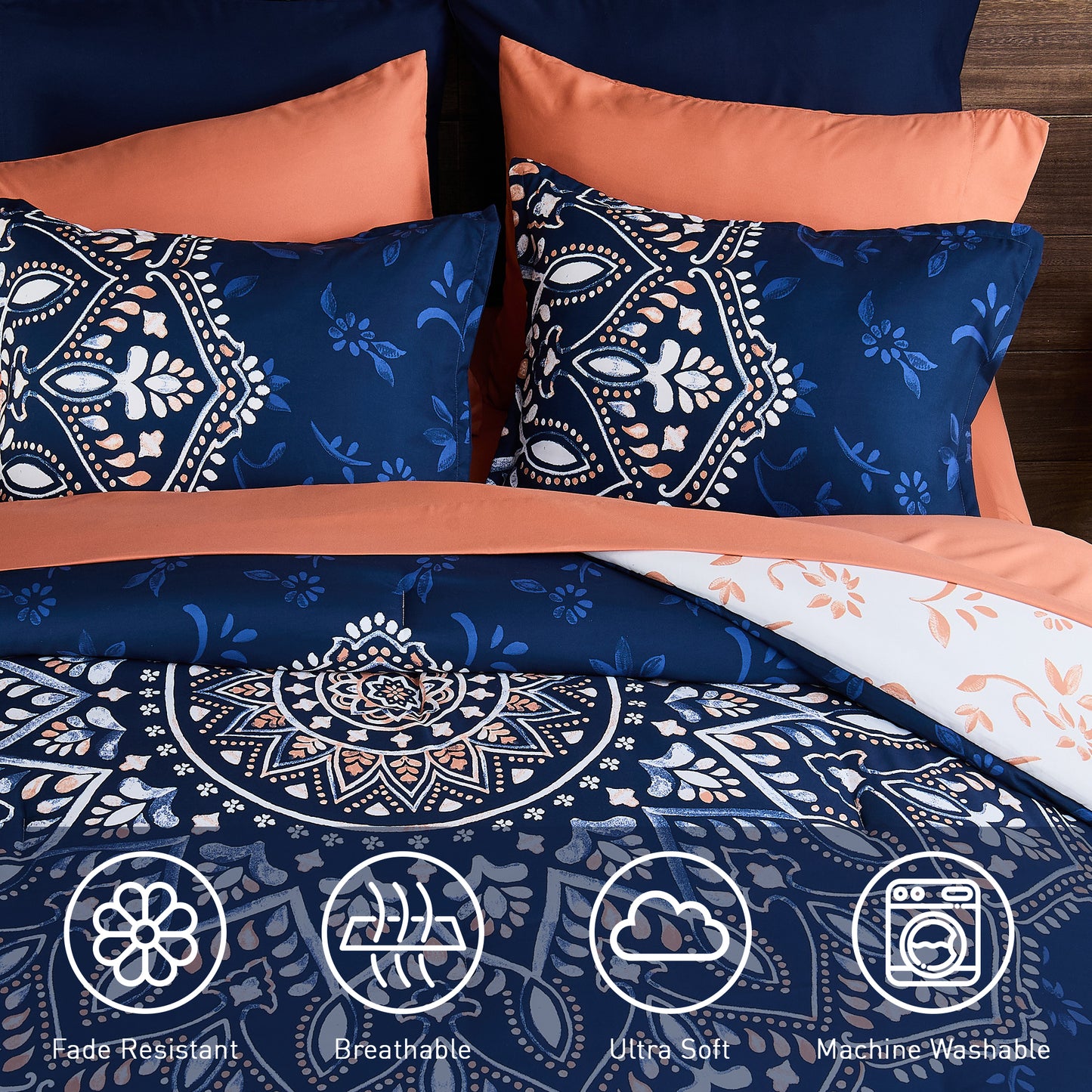 Oversized Medallion Print Comforter Set with Sheets and Side Pockets