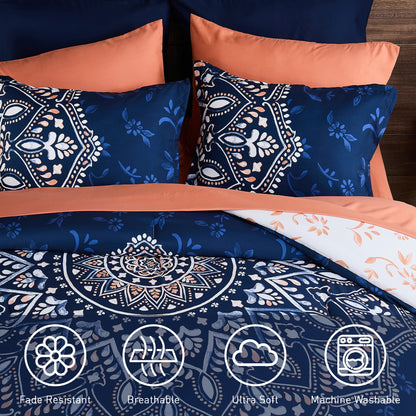 Oversized Medallion Print Comforter Set with Sheets and Side Pockets