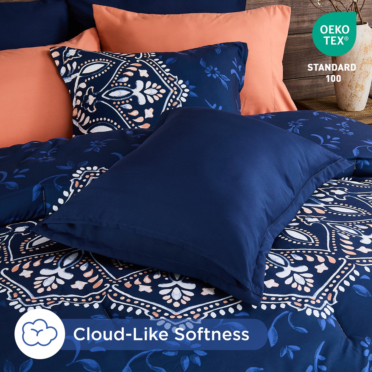 Oversized Medallion Print Comforter Set with Sheets and Side Pockets
