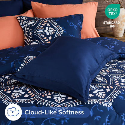 Oversized Medallion Print Comforter Set with Sheets and Side Pockets