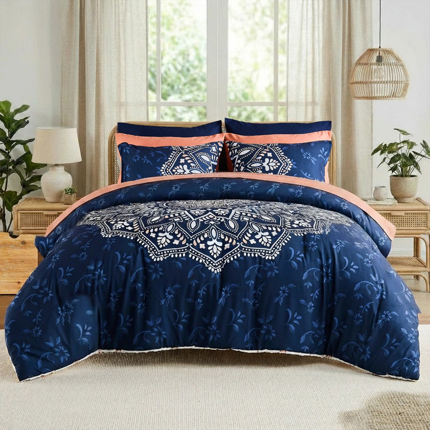Oversized Medallion Print Comforter Set with Sheets and Side Pockets