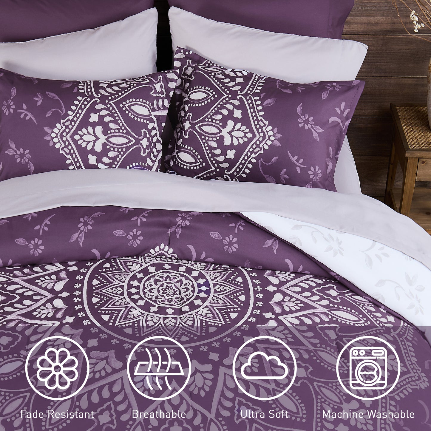 Oversized Medallion Print Comforter Set with Sheets and Side Pockets