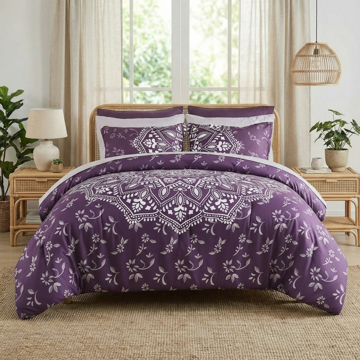 Oversized Medallion Print Comforter Set with Sheets and Side Pockets