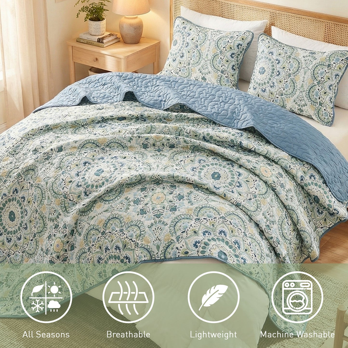 Boho Medallion Reversible Bedspread Quilted Bedding Set