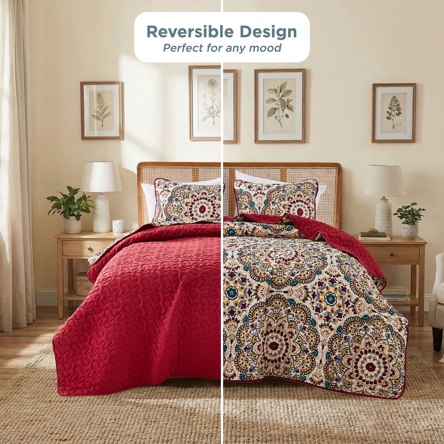 Boho Medallion Reversible Bedspread Quilted Bedding Set