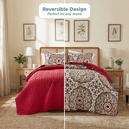Boho Medallion Reversible Bedspread Quilted Bedding Set