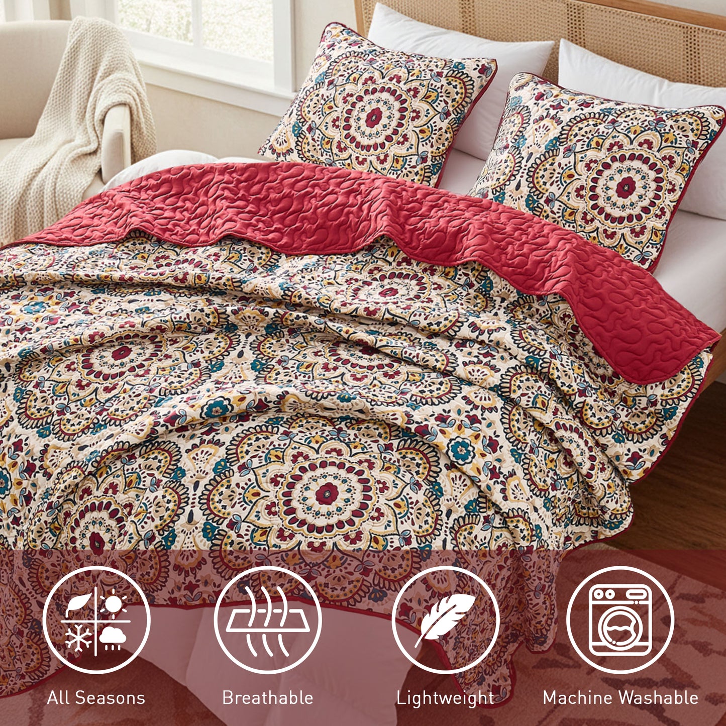 Boho Medallion Reversible Bedspread Quilted Bedding Set
