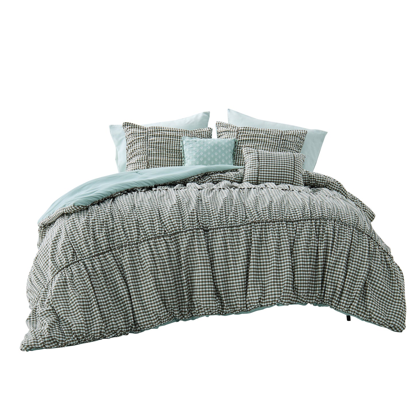 Plaid Ruched All Season Comforter Set with Decorative Pillows