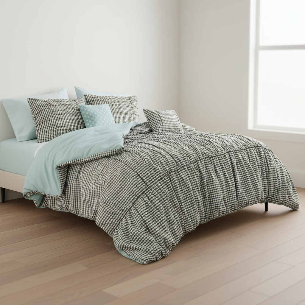 Plaid Ruched All Season Comforter Set with Decorative Pillows