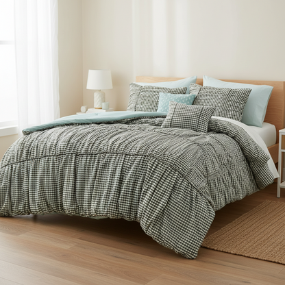 Plaid Ruched All Season Comforter Set with Decorative Pillows