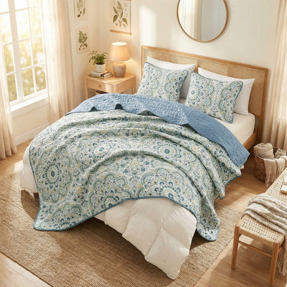 Boho Medallion Reversible Bedspread Quilted Bedding Set