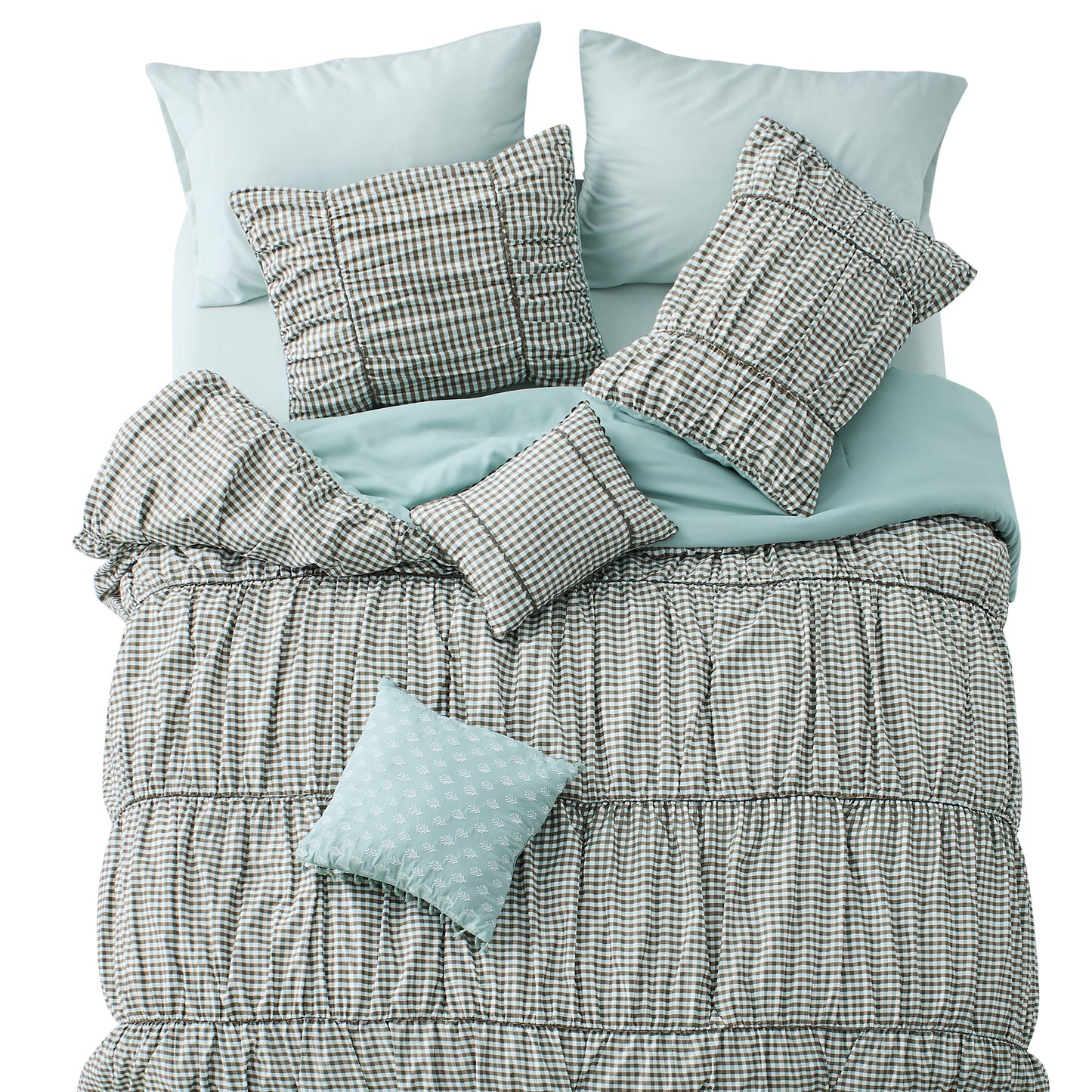 Plaid Ruched All Season Comforter Set with Decorative Pillows