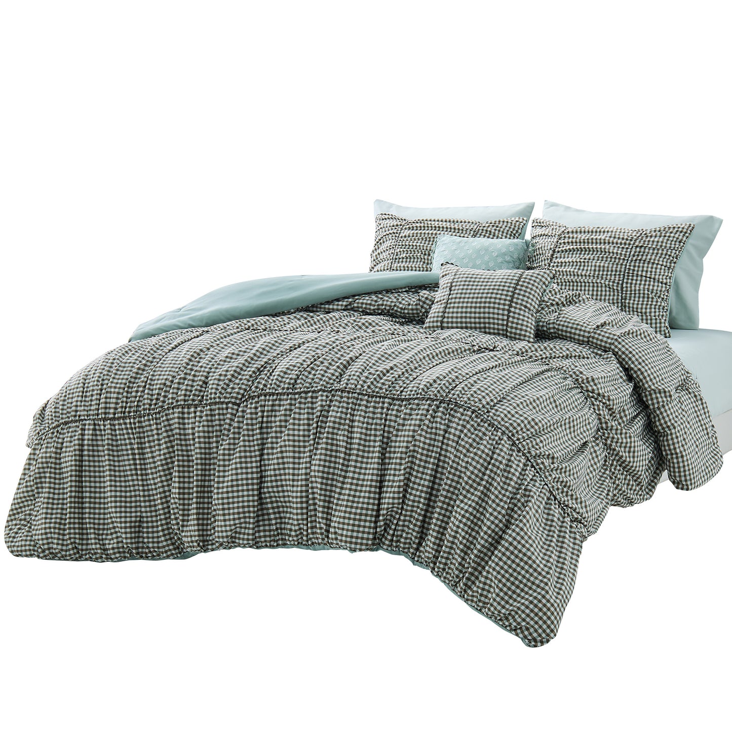 Plaid Ruched All Season Comforter Set with Decorative Pillows