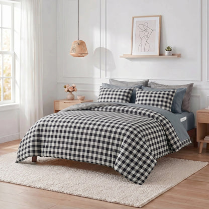 Plaid Ruched Reversible Comforter Set, Bed in a Bag with Comforter, Sheets and Side Pockets