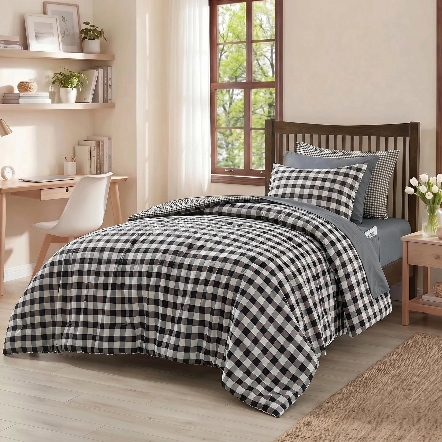 Plaid Ruched Reversible Comforter Set, Bed in a Bag with Comforter, Sheets and Side Pockets