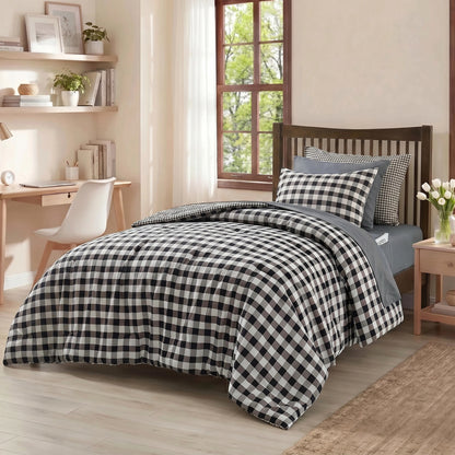 Plaid Ruched Reversible Comforter Set, Bed in a Bag with Comforter, Sheets and Side Pockets