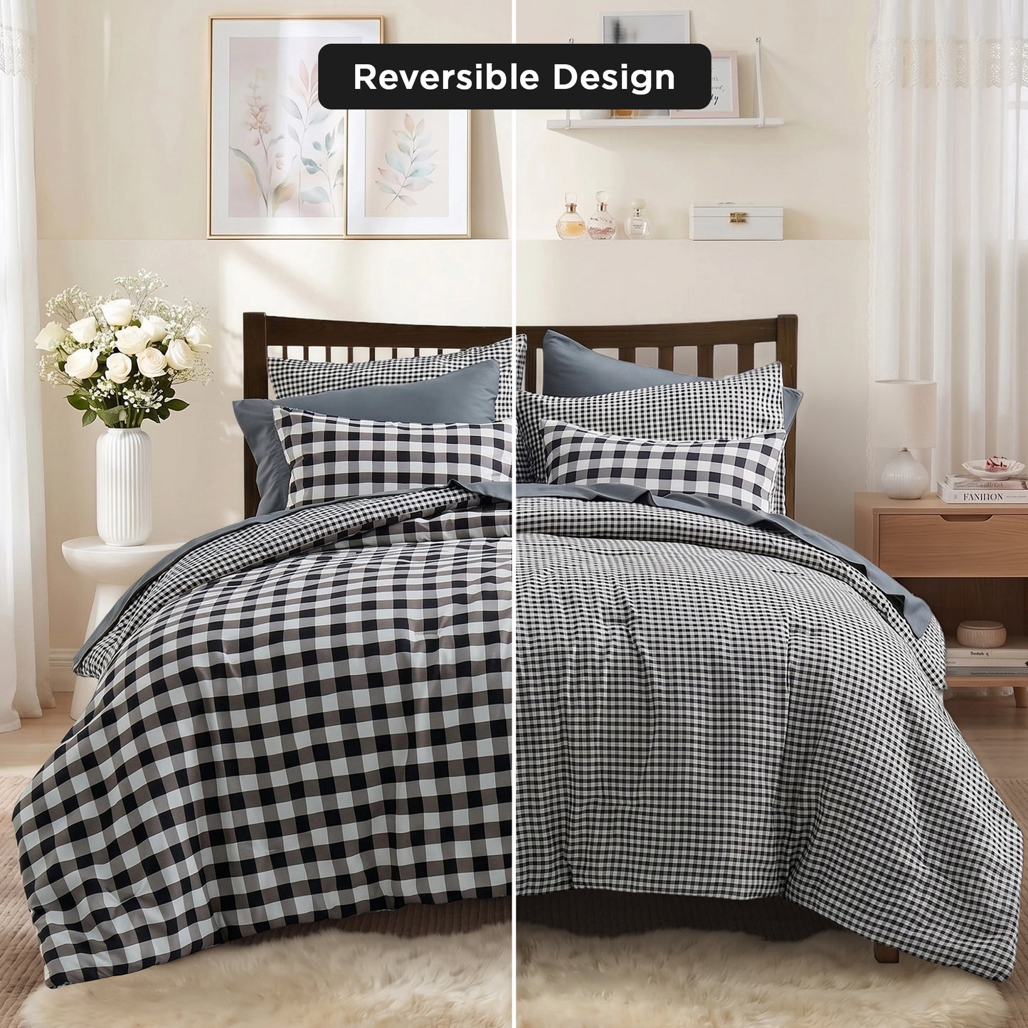 Plaid Ruched Reversible Comforter Set, Bed in a Bag with Comforter, Sheets and Side Pockets