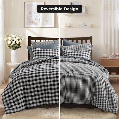 Plaid Ruched Reversible Comforter Set, Bed in a Bag with Comforter, Sheets and Side Pockets