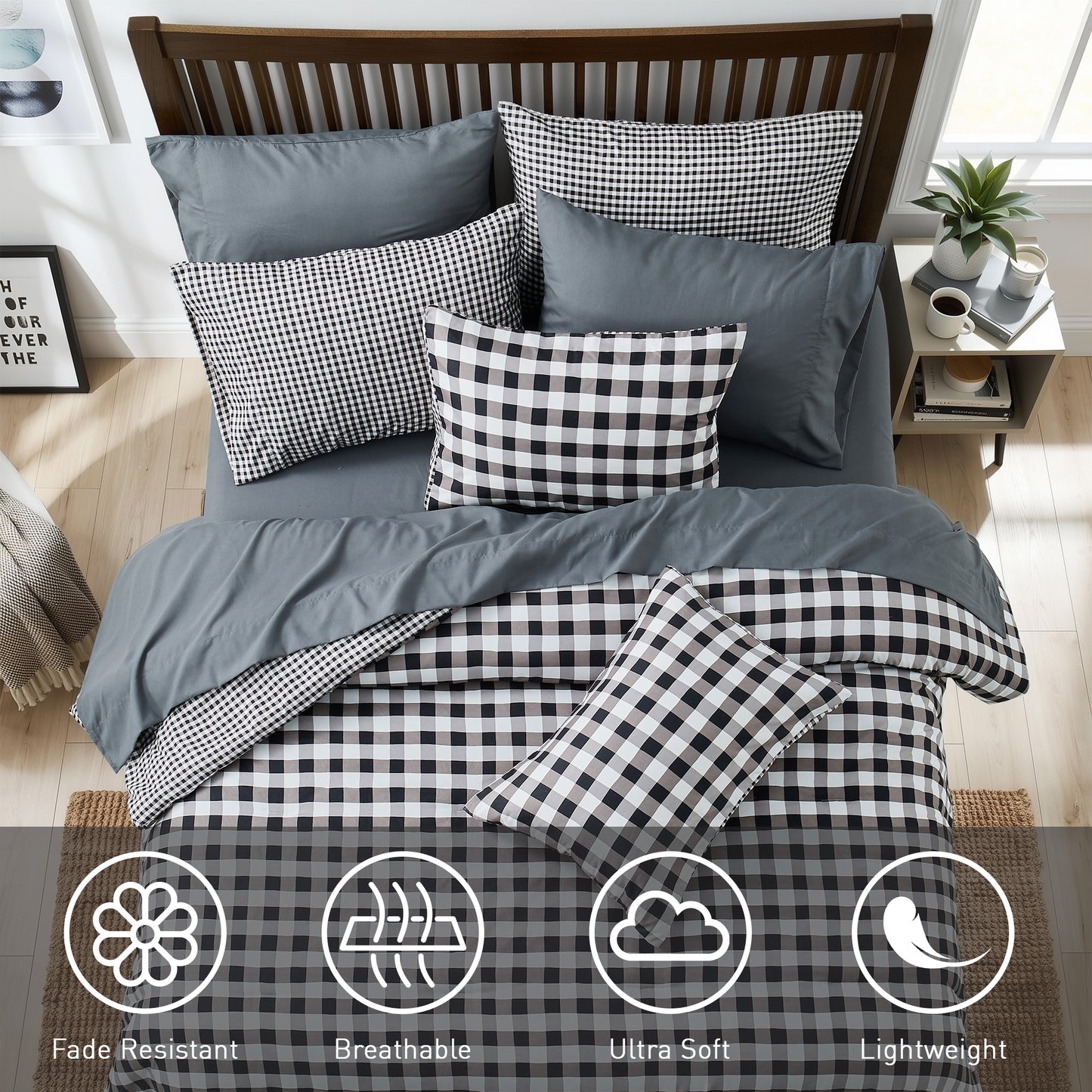 Plaid Ruched Reversible Comforter Set, Bed in a Bag with Comforter, Sheets and Side Pockets