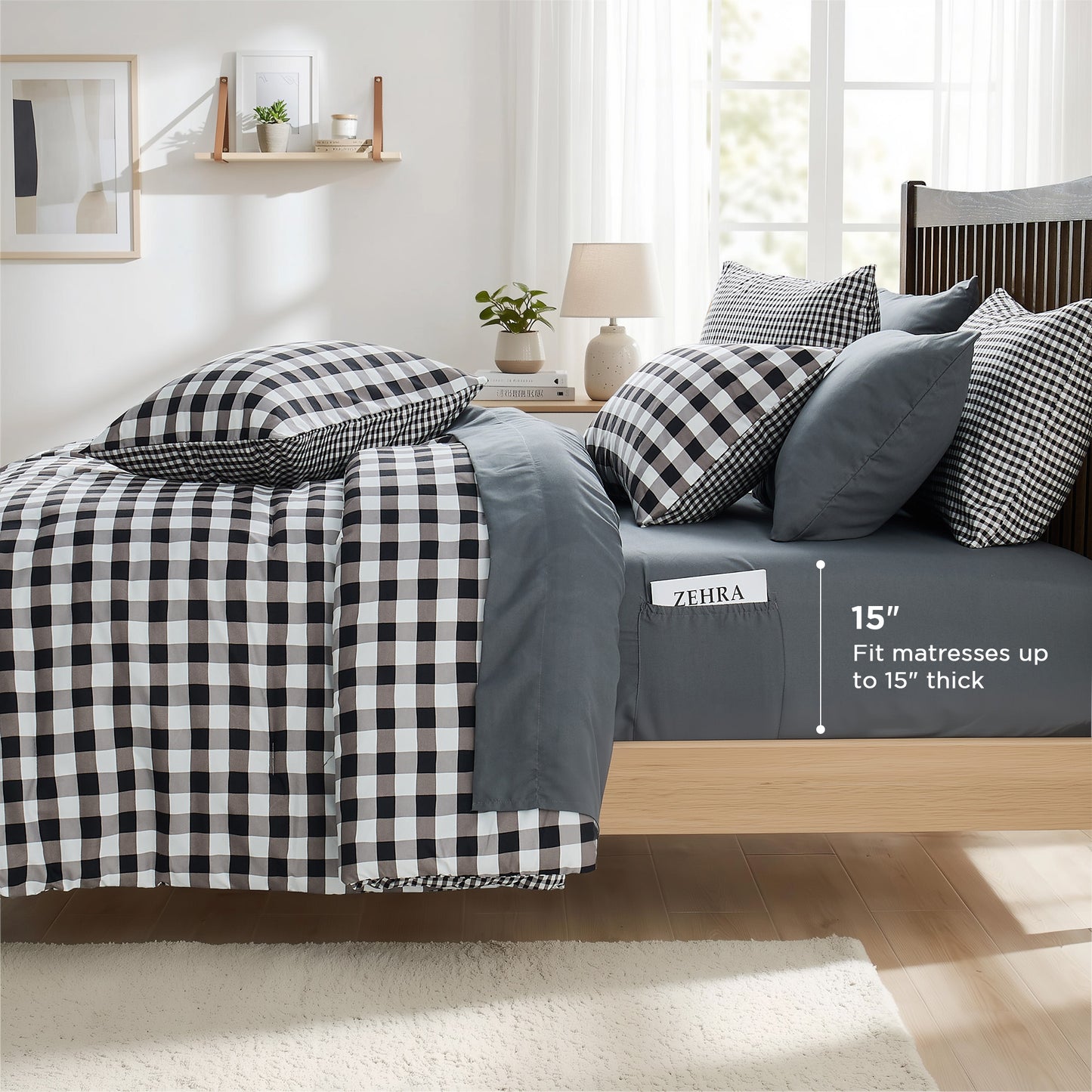 Plaid Ruched Reversible Comforter Set, Bed in a Bag with Comforter, Sheets and Side Pockets
