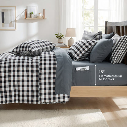 Plaid Ruched Reversible Comforter Set, Bed in a Bag with Comforter, Sheets and Side Pockets