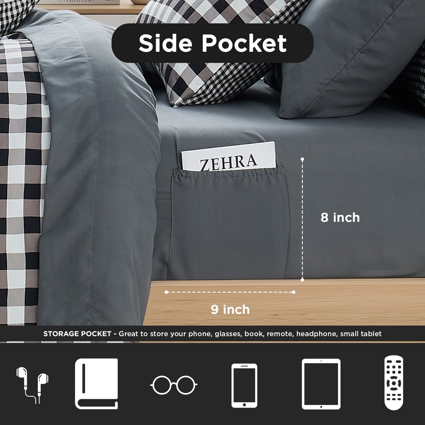 Plaid Ruched Reversible Comforter Set, Bed in a Bag with Comforter, Sheets and Side Pockets