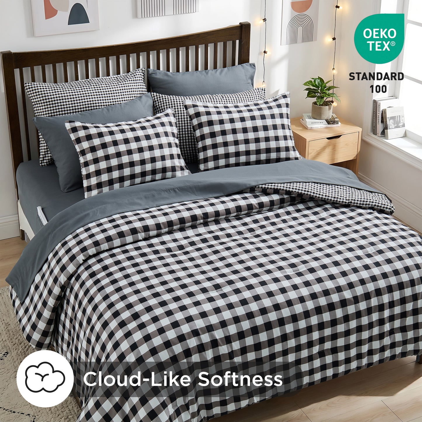 Plaid Ruched Reversible Comforter Set, Bed in a Bag with Comforter, Sheets and Side Pockets