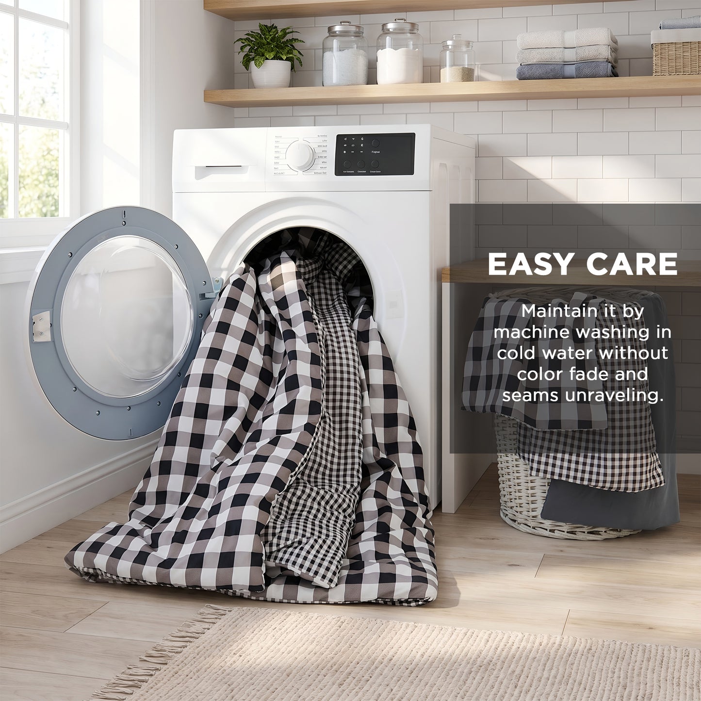 Plaid Ruched Reversible Comforter Set, Bed in a Bag with Comforter, Sheets and Side Pockets