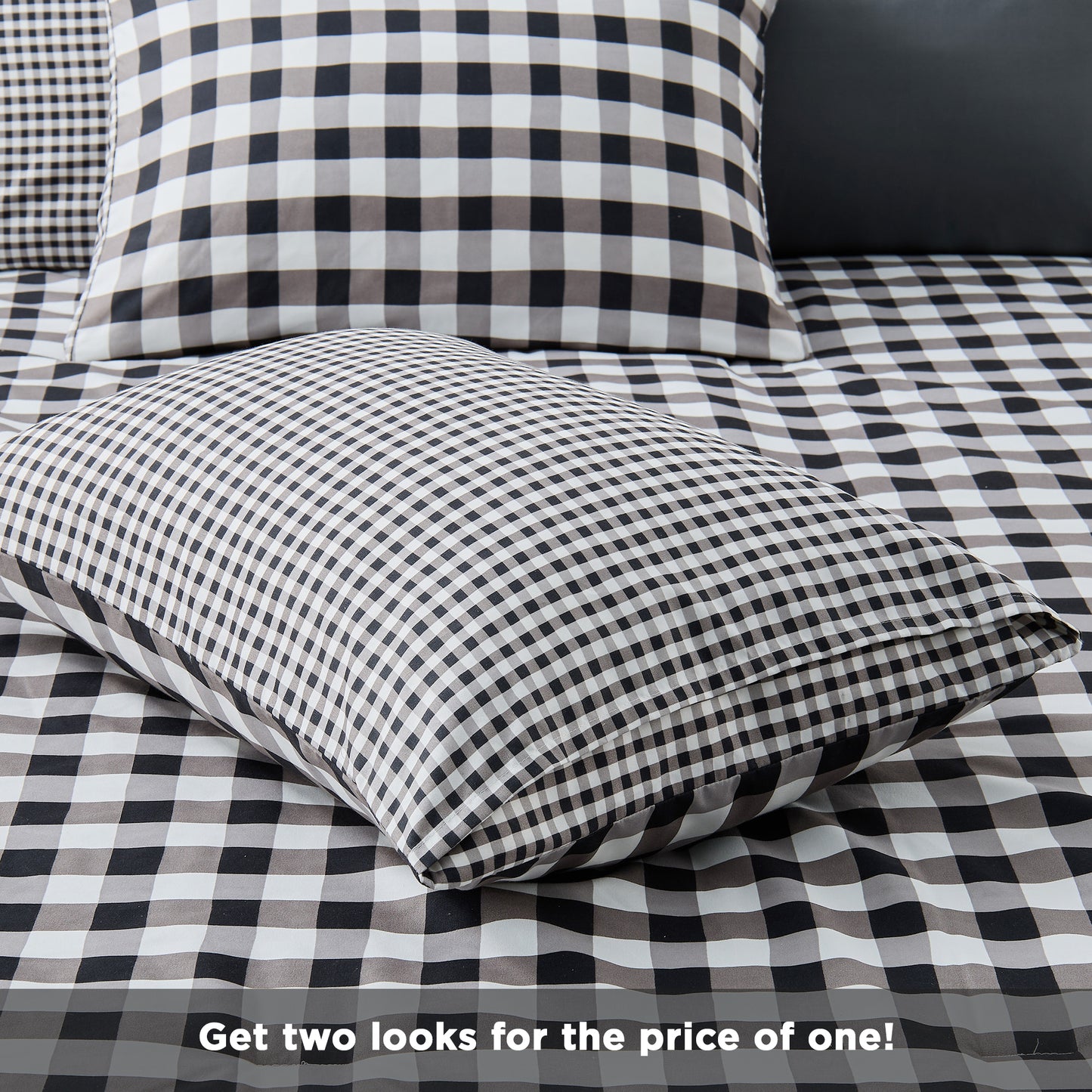 Plaid Ruched Reversible Comforter Set, Bed in a Bag with Comforter, Sheets and Side Pockets