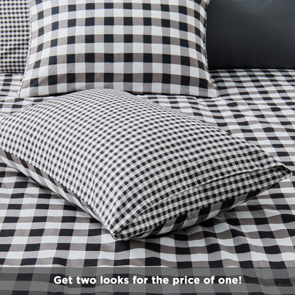 Plaid Ruched Reversible Comforter Set, Bed in a Bag with Comforter, Sheets and Side Pockets