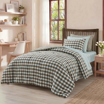 Plaid Ruched Reversible Comforter Set, Bed in a Bag with Comforter, Sheets and Side Pockets