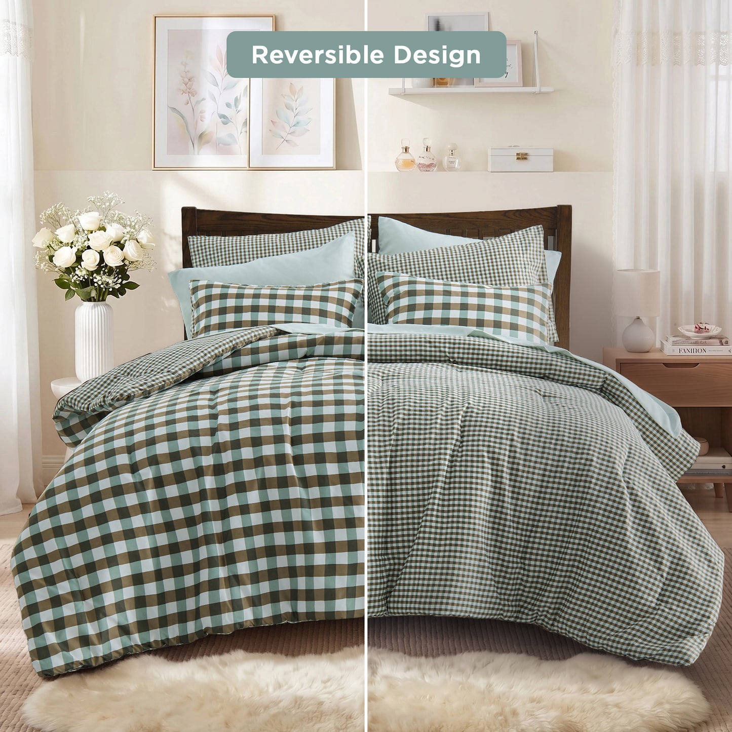 Plaid Ruched Reversible Comforter Set, Bed in a Bag with Comforter, Sheets and Side Pockets