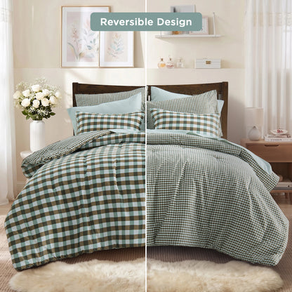 Plaid Ruched Reversible Comforter Set, Bed in a Bag with Comforter, Sheets and Side Pockets