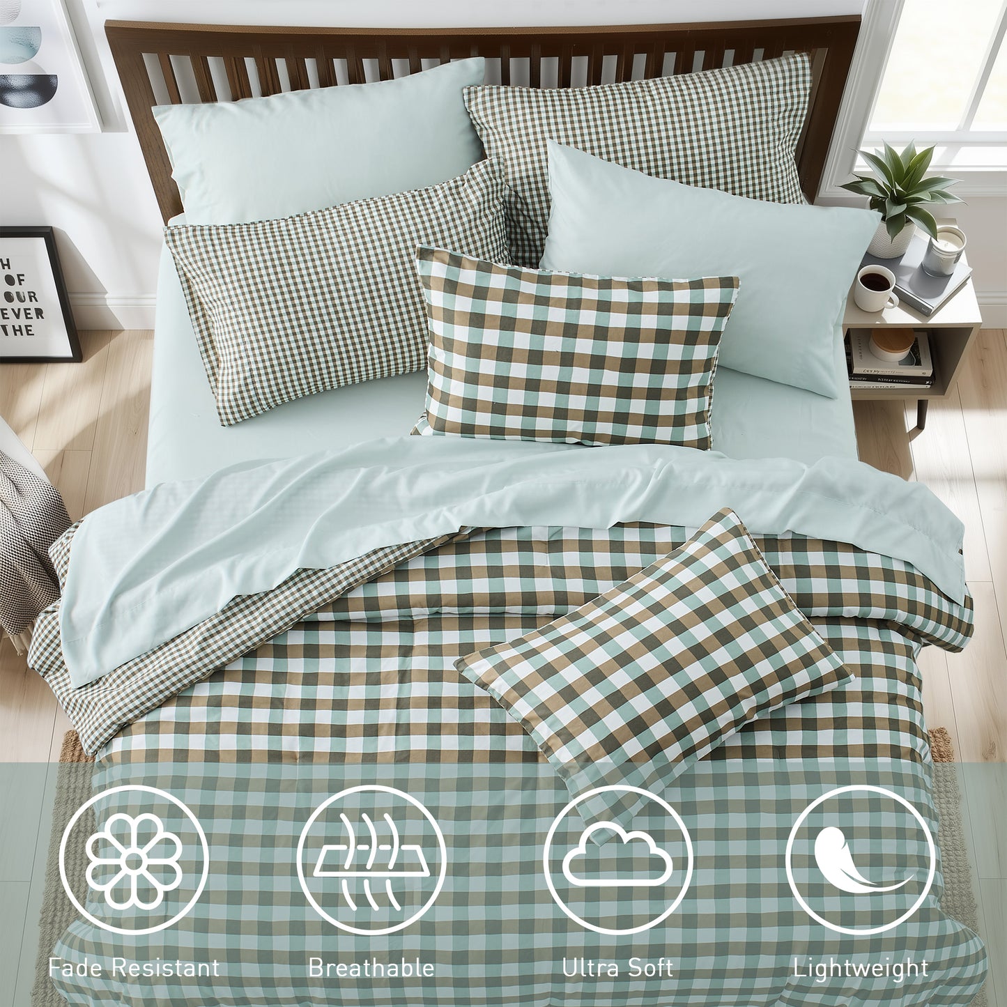 Plaid Ruched Reversible Comforter Set, Bed in a Bag with Comforter, Sheets and Side Pockets