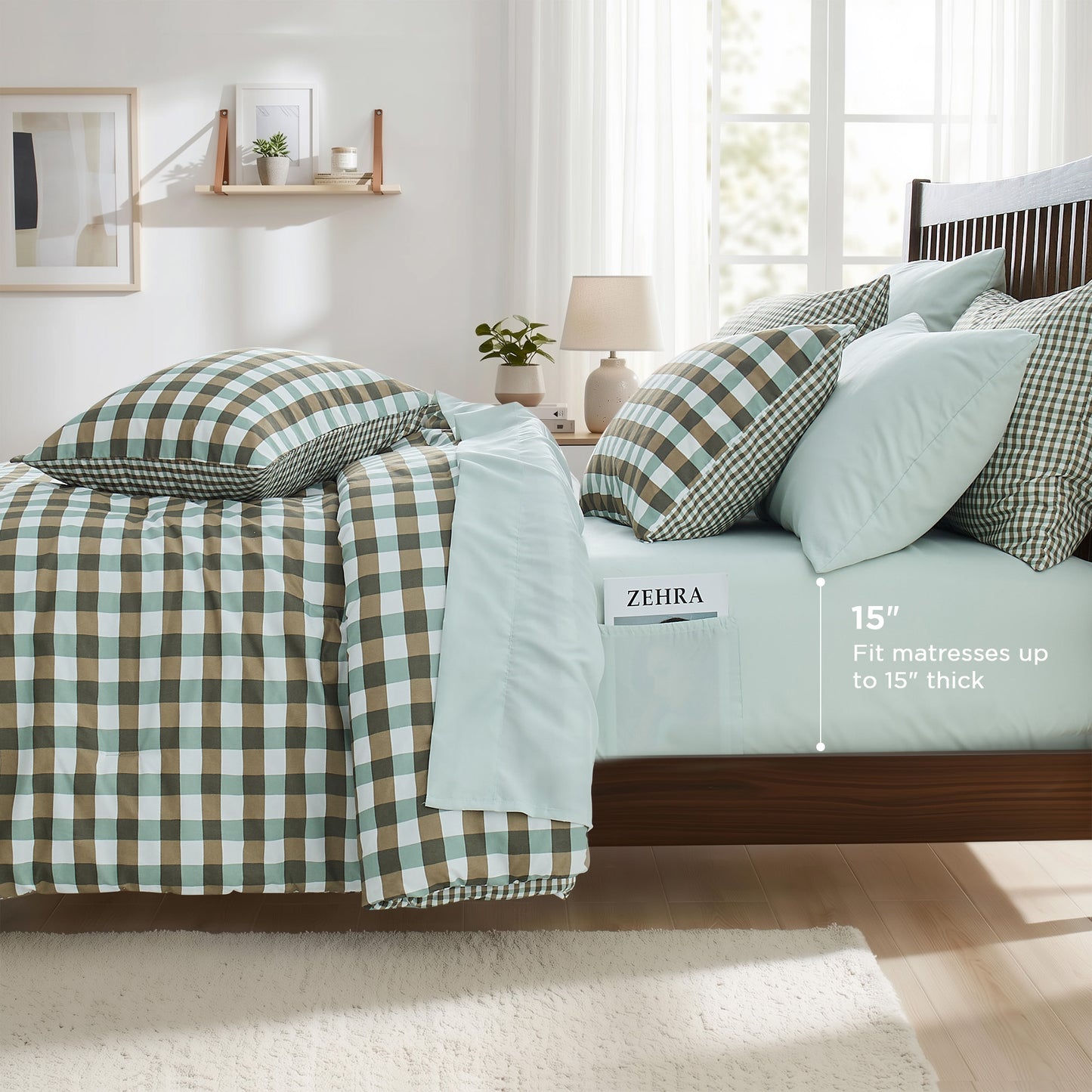 Plaid Ruched Reversible Comforter Set, Bed in a Bag with Comforter, Sheets and Side Pockets