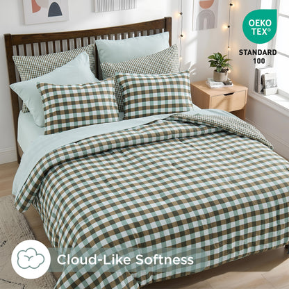 Plaid Ruched Reversible Comforter Set, Bed in a Bag with Comforter, Sheets and Side Pockets