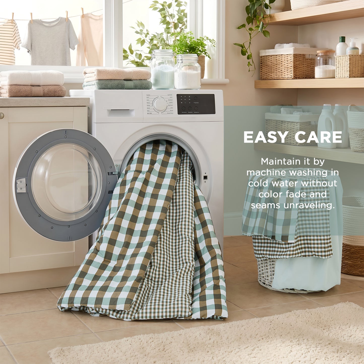 Plaid Ruched Reversible Comforter Set, Bed in a Bag with Comforter, Sheets and Side Pockets