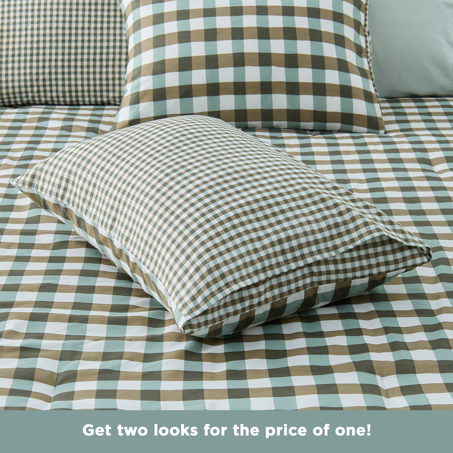 Plaid Ruched Reversible Comforter Set, Bed in a Bag with Comforter, Sheets and Side Pockets