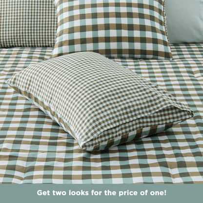 Plaid Ruched Reversible Comforter Set, Bed in a Bag with Comforter, Sheets and Side Pockets