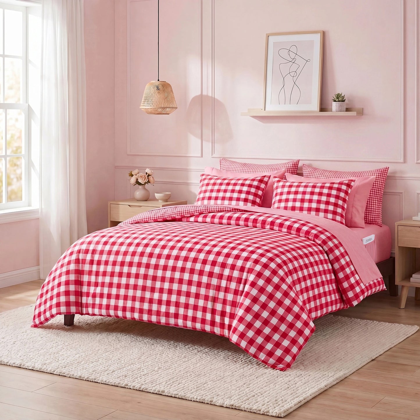 Plaid Ruched Reversible Comforter Set, Bed in a Bag with Comforter, Sheets and Side Pockets