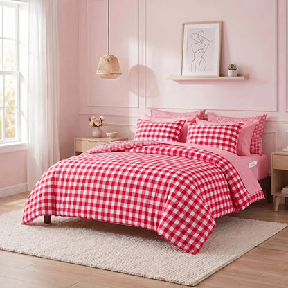 Plaid Ruched Reversible Comforter Set, Bed in a Bag with Comforter, Sheets and Side Pockets